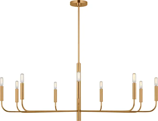 The Brianna Wide Chandelier combines transitional elegance with contemporary sophistication. Its burnished brass finish adds warmth and luxury to dining rooms and grand spaces, making it a versatile centerpiece.