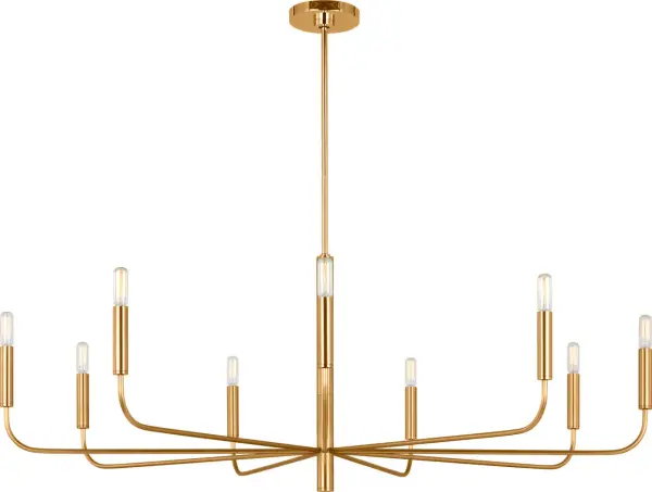 The Brianna Wide Chandelier combines transitional elegance with contemporary sophistication. Its burnished brass finish adds warmth and luxury to dining rooms and grand spaces, making it a versatile centerpiece. - alternate view