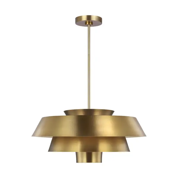 The Brisbin pendant is a stunning three-tiered fixture that commands attention with its stacked concentric rounds and burnished brass finish. White-painted interiors diffuse light beautifully across each layer, creating ambient glow perfect for dining spaces.