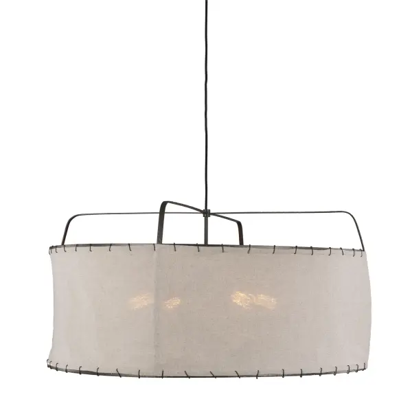 Ellen DeGeneres' Dunne pendant brings rustic charm with refined details. The hand-sewn natural linen shade softens light beautifully, while the aged iron frame adds authentic vintage character. Generous 34-inch width makes a statement without overwhelming.
