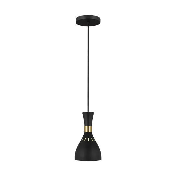 Ellen DeGeneres-designed pendant featuring geometric hourglass silhouette with perforated crown detail. The Midnight Black finish pairs beautifully with Warm Burnished Brass accents for sophisticated contrast.