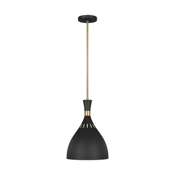 Ellen DeGeneres' Joan pendant combines bold geometric lines with luxe two-tone finishes. The hourglass-inspired shade features perforations that create ambient glow, while Midnight Black pairs beautifully with Burnished Brass accents.