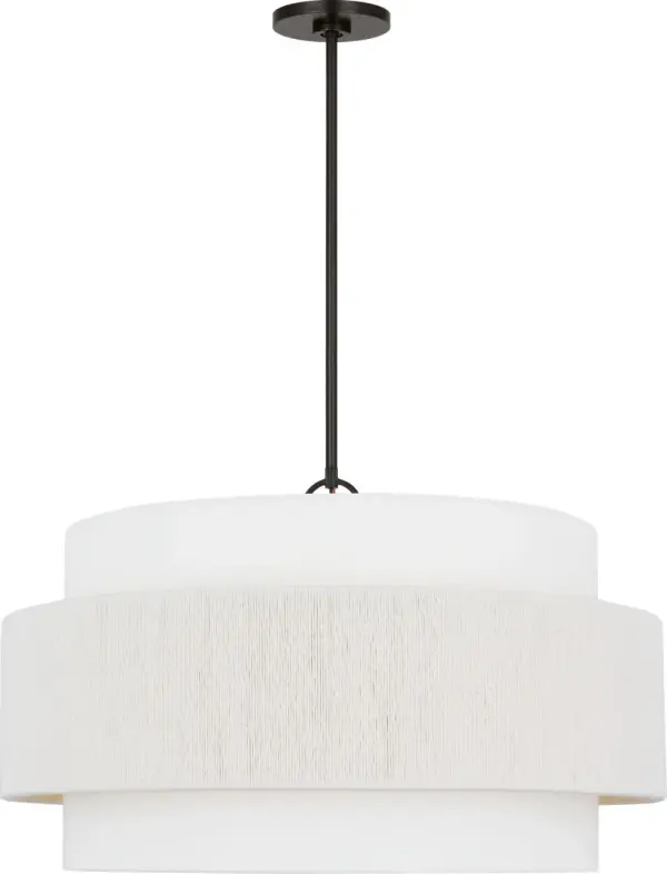 Ellen DeGeneres' Belaro pendant masterfully combines textural fabric wrapping with a linen drum shade, creating a layered, sophisticated look. Its 26-inch profile strikes the perfect balance for intimate spaces without overwhelming.