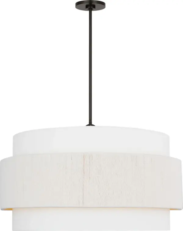 The Belaro 30" Hanging Shade combines Ellen DeGeneres' signature organic modern aesthetic with commanding scale. Its layered fabric wrap and linen drum shade create tactile sophistication perfect for spacious interiors.