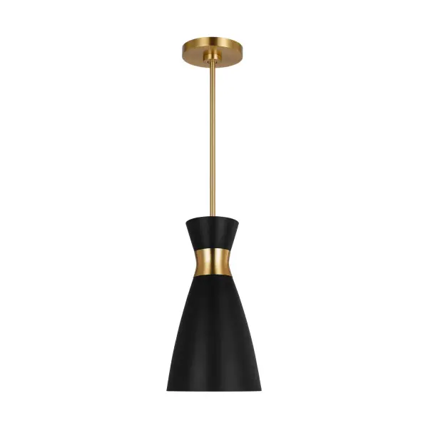 The Heath pendant by Ellen DeGeneres combines mid-century modern refinement with contemporary minimalism. The striking contrast of Midnight Black and Burnished Brass creates visual interest, while the compact 8" diameter makes it perfect for smaller spaces or grouped installations.