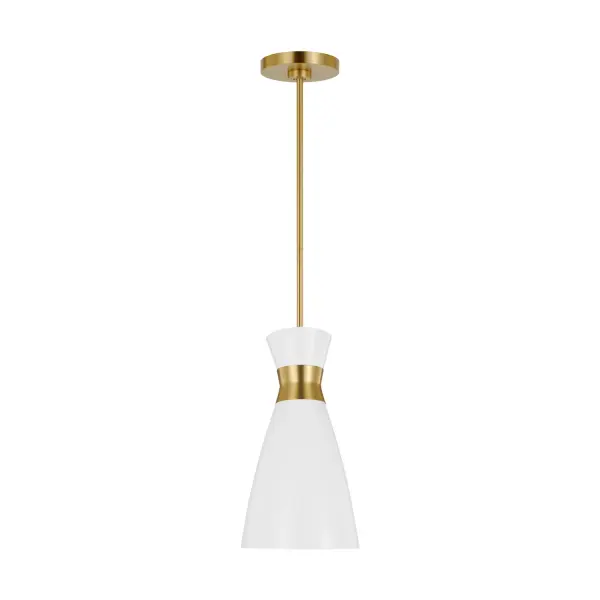 Ellen DeGeneres-designed pendant blending matte white with burnished brass accents. The clean metal drum with contrasting band detail delivers contemporary sophistication in a compact 8" profile.