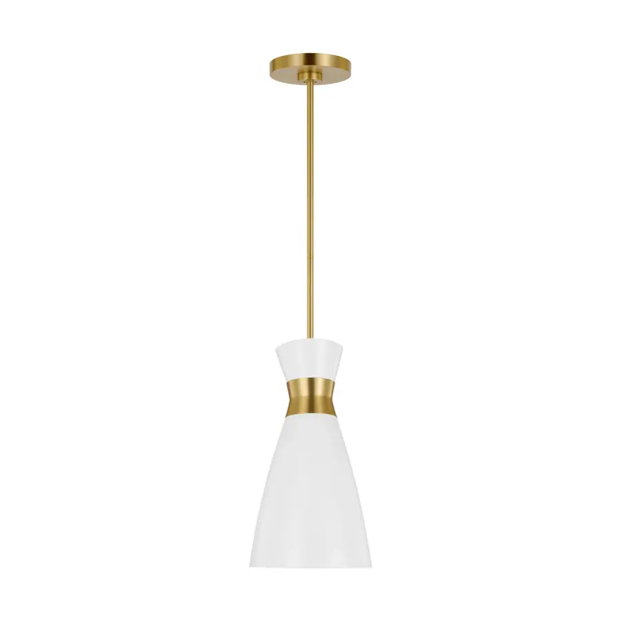 Heath One Light Pendant in Matte White and Burnished Brass