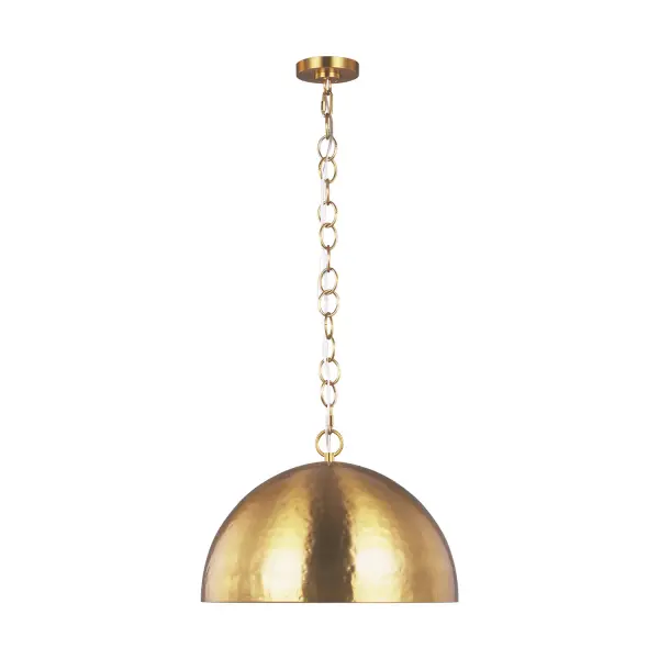 The Whare pendant combines coastal sophistication with mid-century warmth through its oversized hand-forged shade. The hammered texture creates fluid light patterns while the burnished brass finish adds refined elegance to dining and kitchen spaces.