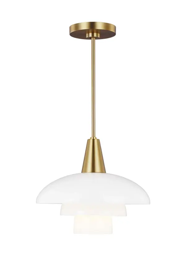 Ellen DeGeneres' Rossie pendant combines artisanal hand-blown milk glass with warm burnished brass for a sophisticated, contemporary look. The stacked layered glass shade diffuses light beautifully while the compact 13-inch size works perfectly over smaller dining tables, kitchen islands, or entryways.