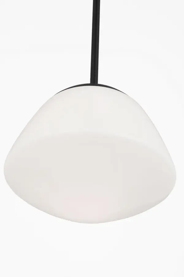 The Milne Large Pendant reimagines classic schoolhouse lighting with a sleek, geometric twist. Its angular milk glass shade and refined Midnight Black finish deliver ambient illumination while elevating modern interiors with understated sophistication. - alternate view