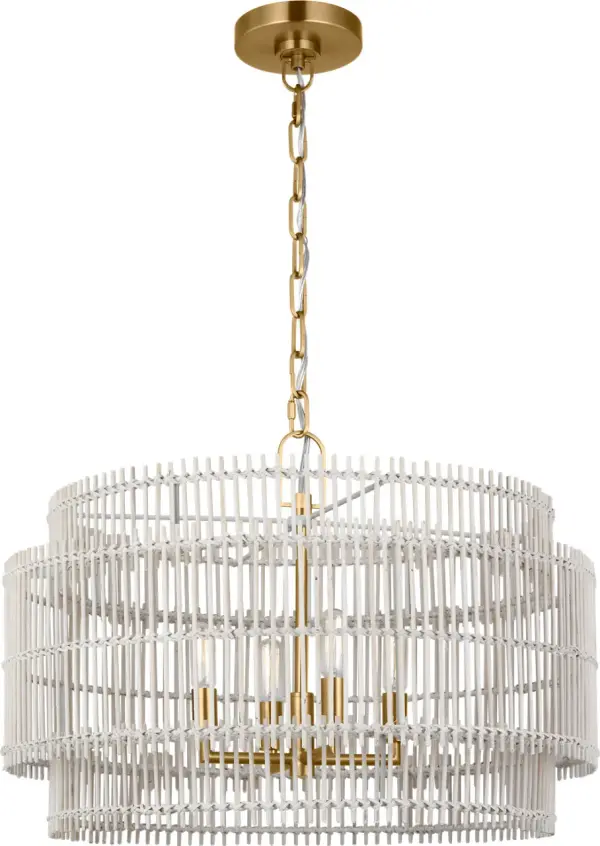 The Elio Medium Hanging Shade masterfully combines striated bamboo with burnished brass metalwork, creating captivating light patterns. Its damp-rated design and versatile aesthetic work beautifully in both modern and bohemian spaces. - alternate view