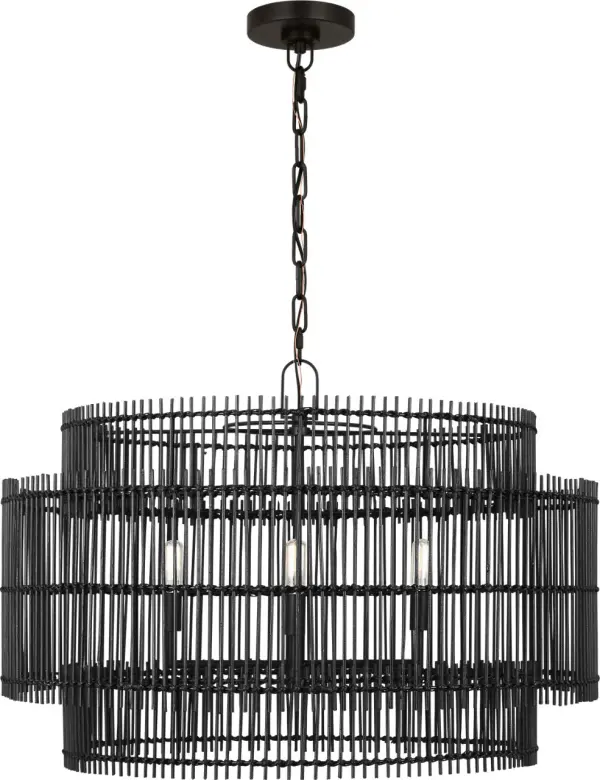The Elio Large Hanging Shade combines natural bamboo texture with refined metalwork for a sophisticated organic modern aesthetic. Its intricate weave creates beautiful striated lighting patterns while the damp rating ensures versatility.