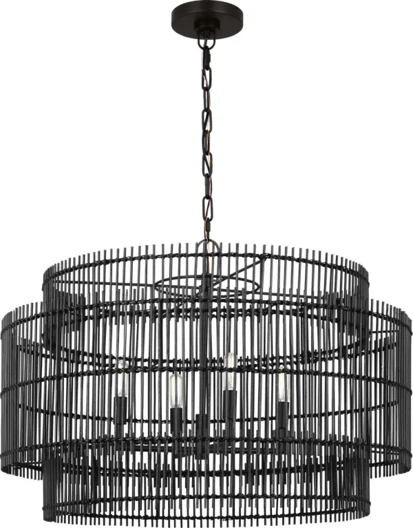 The Elio Large Hanging Shade combines natural bamboo texture with refined metalwork for a sophisticated organic modern aesthetic. Its intricate weave creates beautiful striated lighting patterns while the damp rating ensures versatility. - alternate view