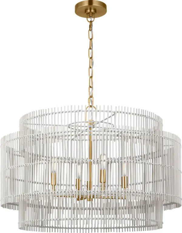 The Elio Large Hanging Shade combines natural bamboo texture with refined metalwork for a sophisticated organic modern aesthetic. Its intricate weave creates beautiful striated lighting patterns while the burnished brass finish adds warmth and elegance. - alternate view