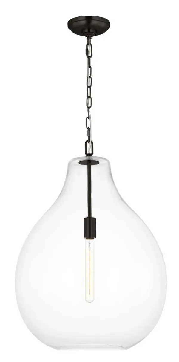The Magnus Extra Large Pendant combines minimalist design with sophisticated presence. Its pear-shaped clear glass shade and aged iron finish create a striking focal point that works beautifully in both modern and traditional spaces.