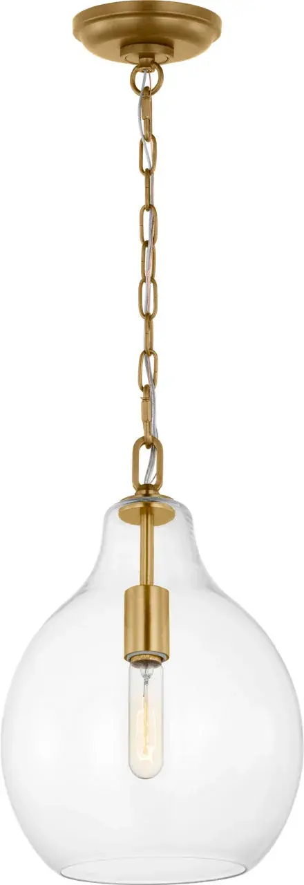 The Magnus Large Pendant combines organic pear-shaped glass with modern brass detailing to create a sophisticated focal point. Its exposed filament bulb and minimalist design make it versatile for various spaces. - alternate view