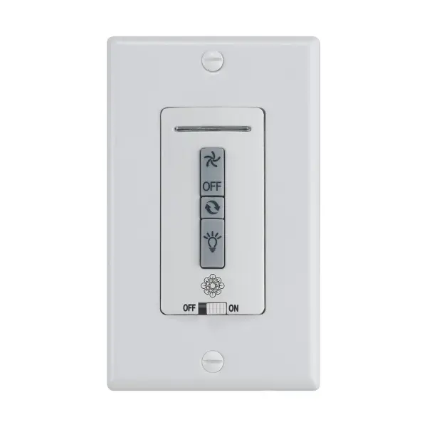 This universal wall control offers convenient remote operation for compatible ceiling fans. The clean white finish integrates seamlessly into contemporary interiors, providing accessible fan control without cluttering surfaces.