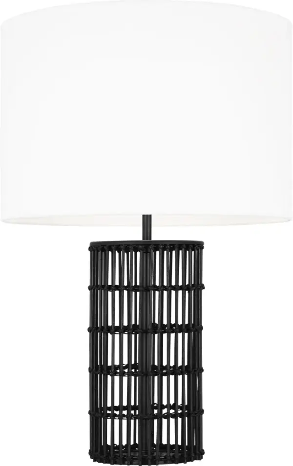 The Elio Medium Table Lamp combines natural bamboo texture with refined metallic accents, creating a sophisticated organic aesthetic. Its white linen drum shade provides soft ambient lighting while the Aged Iron finish adds warmth. - alternate view