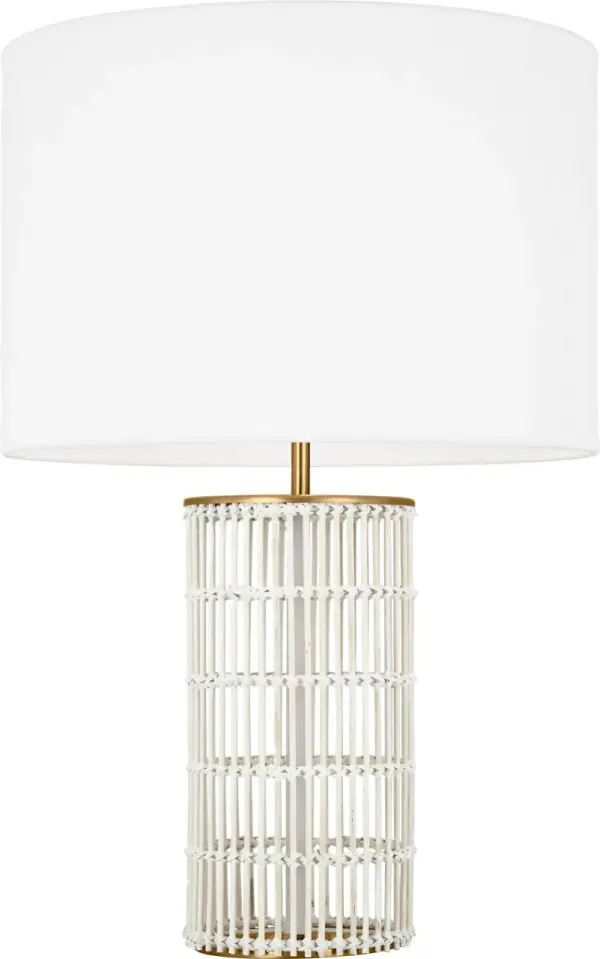 The Elio Medium Table Lamp beautifully combines natural bamboo texture with warm Burnished Brass accents and a soft linen shade. Its organic materials and clean lines create a sophisticated yet approachable aesthetic. - alternate view