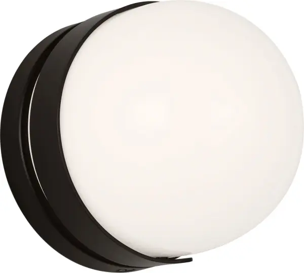 The Syrie Small Vanity by Ellen Degeneres delivers sophisticated modern styling with its frosted glass shade and curved metal band detail. Damp-rated for bathroom use, this compact sconce provides ambient lighting perfect for powder rooms and baths. - alternate view