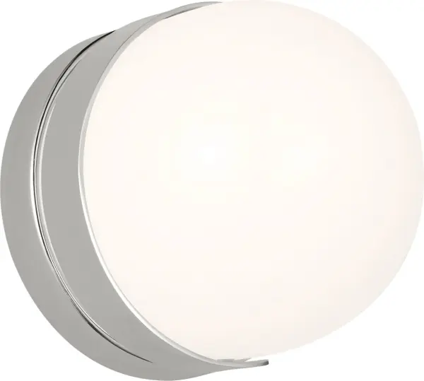 The Syrie Small Vanity by Ellen Degeneres delivers sophisticated modern styling with its frosted glass shade and curved metal band detail. Damp-rated for bathroom use, it provides ambient lighting with refined elegance. - alternate view