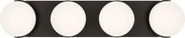 The Syrie Large Vanity by Ellen Degeneres combines sleek modern design with practical functionality. Four frosted glass globes provide soft, diffused lighting perfect for vanity applications. Damp-rated for moisture-prone areas.
