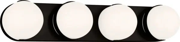 The Syrie Large Vanity by Ellen Degeneres combines sleek modern design with practical functionality. Four frosted glass globes provide soft, diffused lighting perfect for vanity applications. Damp-rated for moisture-prone areas. - alternate view