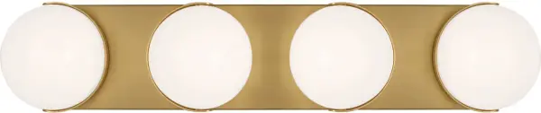The Syrie Large Vanity by Ellen Degeneres combines four frosted glass globes with a sleek burnished brass base for sophisticated, diffused lighting. Damp-rated for moisture-prone areas, this fixture brings modern elegance to bathrooms and vanities.
