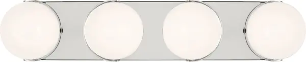 The Syrie Large Vanity by Ellen Degeneres combines four frosted glass globes with a sleek polished nickel base for sophisticated, diffused lighting. Damp-rated for moisture-prone areas, this fixture brings modern elegance to bathrooms and vanities.