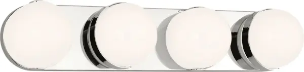 The Syrie Large Vanity by Ellen Degeneres combines four frosted glass globes with a sleek polished nickel base for sophisticated, diffused lighting. Damp-rated for moisture-prone areas, this fixture brings modern elegance to bathrooms and vanities. - alternate view