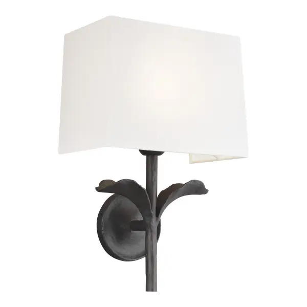 The Georgia Wall Sconce brings nature-inspired design to your space with its flourishing leaf motif and hand-forged aesthetic. The lost-cast wax technique creates authentic texture while the White Linen shade provides soft, shadow-free illumination.