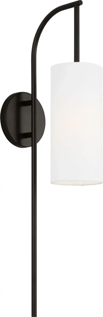 The Lowell Large Sconce combines clean lines with a graceful curving body and white linen shade for soft, diffused lighting. Its Aged Iron finish adds understated luxury to any space, while damp-rating ensures versatility. - alternate view