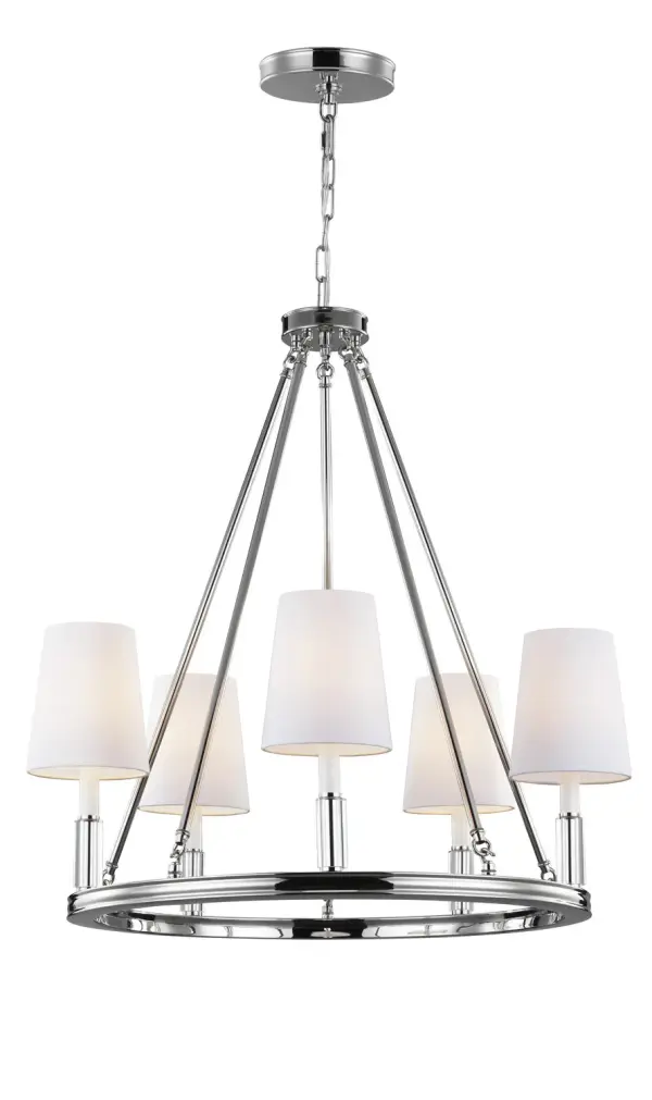 The Lismore chandelier modernizes the classic wagon-wheel silhouette with clean lines, pressed crystal stem details, and tapered white fabric shades. Designer Sean Lavin balances traditional form with contemporary glamour in polished nickel.