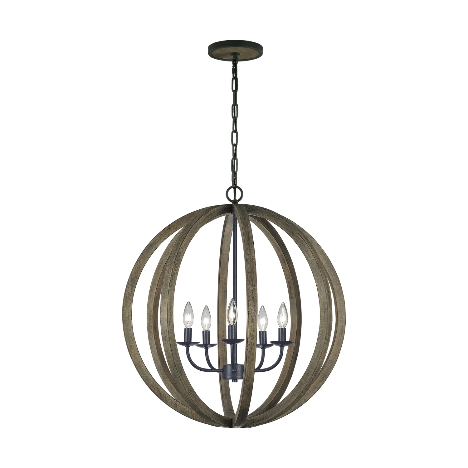 Allier Five Light Pendant in Weathered Oak Wood / Antique Forged Iron