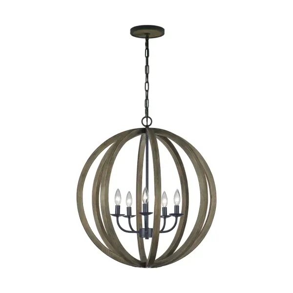 Allier Five Light Pendant in Weathered Oak Wood / Antique Forged Iron