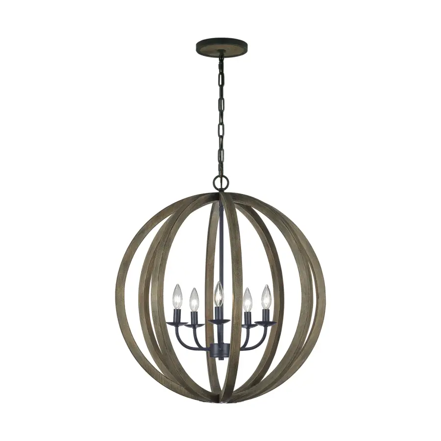 Allier Five Light Pendant in Weathered Oak Wood / Antique Forged Iron