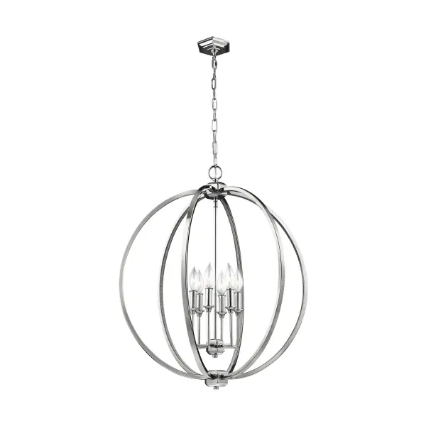 The Corinne pendant combines modern orb geometry with luxurious crystal inlay details that create dramatic sparkle. Its floating candle design and polished nickel finish make it a sophisticated centerpiece for dining rooms and entryways.