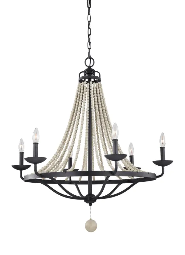 The Nori chandelier combines rustic farmhouse appeal with refined transitional style through cascading driftwood grey wood beads and a dark weathered zinc finish. Its 32.5-inch diameter makes a bold statement while remaining versatile.