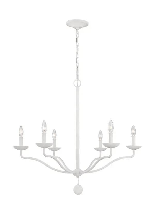 The Annie chandelier delivers warm, welcoming farmhouse style with its textured plaster white finish and simple silhouette. Designer Sean Lavin's six-light design features decorative bead drops and versatile installation options.