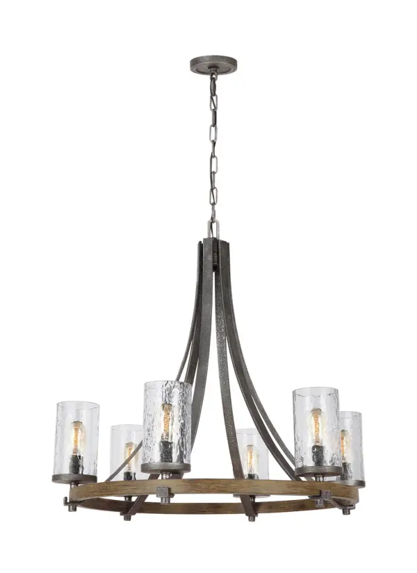 Angelo Six Light Chandelier in Distressed Weathered Oak / Slate Grey Metal