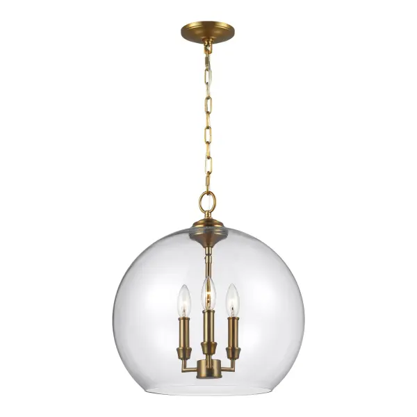 The Lawler pendant beautifully bridges traditional and contemporary design with its bell-and-orb silhouette and burnished brass finish. The floating candelabra lamping within clear glass creates visual interest while the 16-inch scale works perfectly over dining tables and islands.
