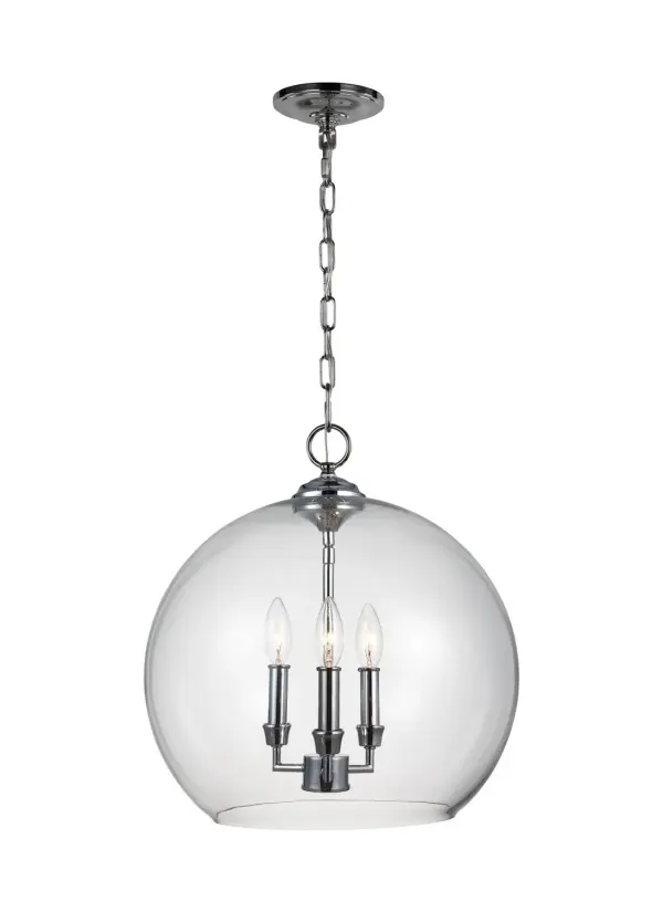 The Lawler pendant combines timeless bell and orb silhouettes with contemporary chrome hardware. Clear glass shades showcase candelabra bulbs that appear to float within, creating warm ambient lighting perfect for traditional and transitional spaces.