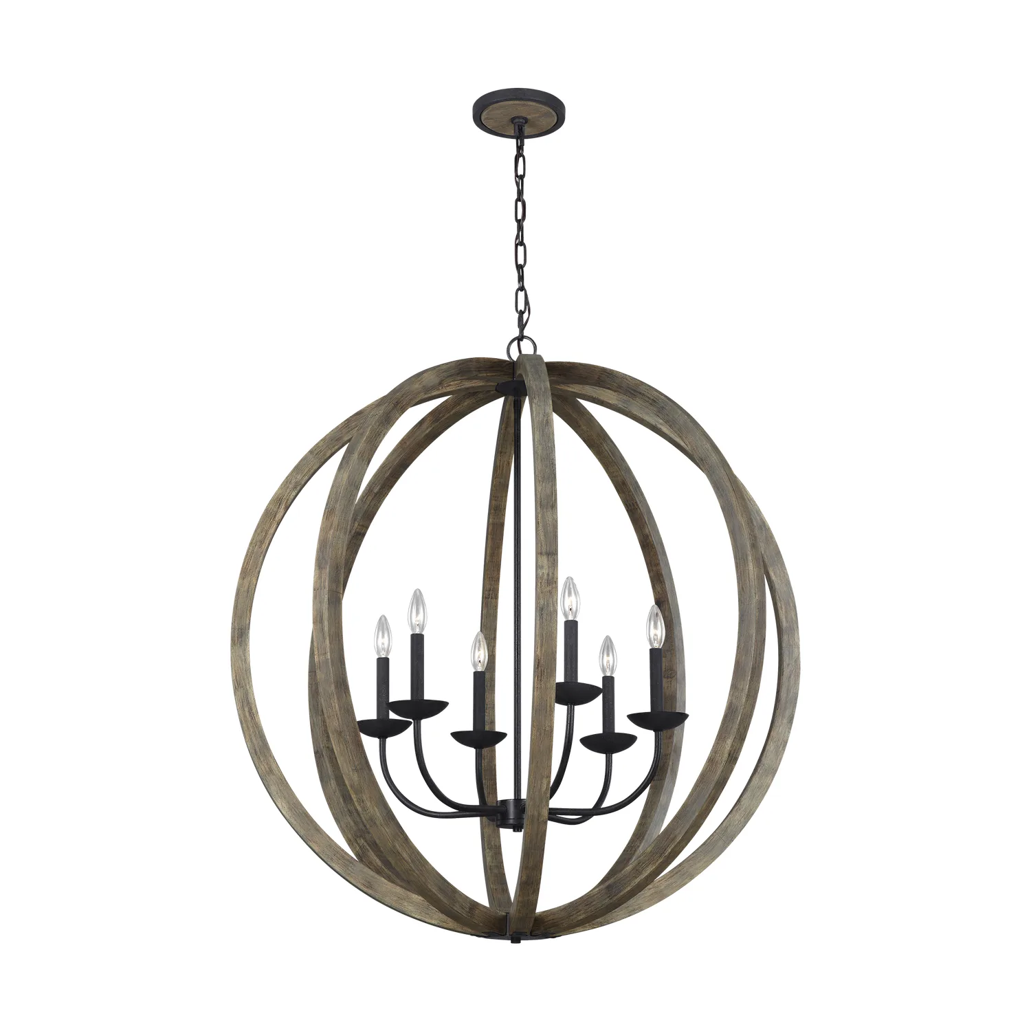 Allier Six Light Pendant in Weathered Oak Wood / Antique Forged Iron