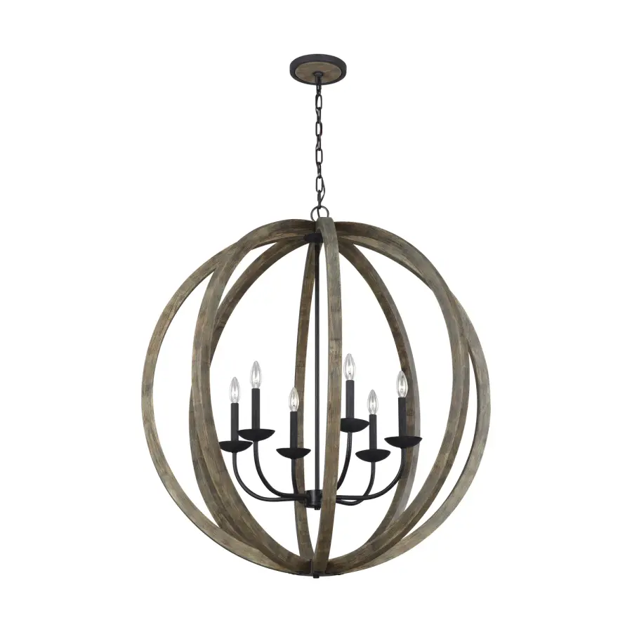 Allier Six Light Pendant in Weathered Oak Wood / Antique Forged Iron