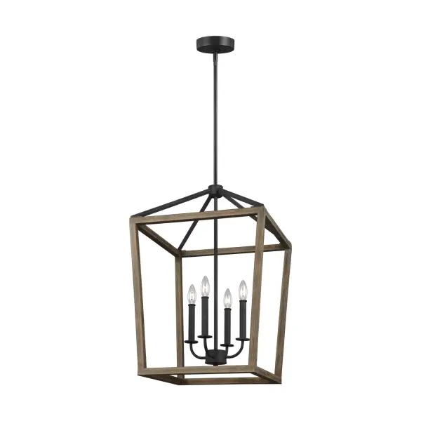The Gannet chandelier by Sean Lavin combines weathered oak wood with antique forged iron for authentic rustic charm. Its open, airy frame and crisp lines create visual interest while the two-tone finish adds warmth and character to any space.