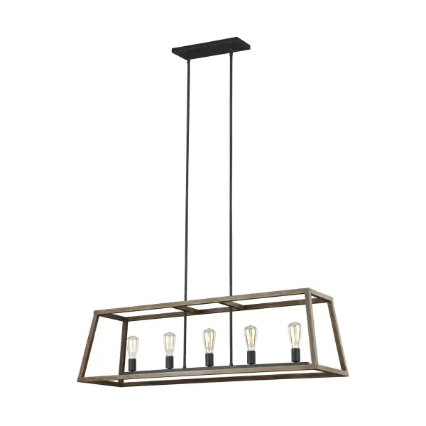 Gannet Five Light Linear Chandelier in Weathered Oak Wood / Antique Forged Iron