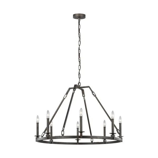 The Landen brings modern farmhouse charm with its Smith Steel finish and eight-light design. At nearly 34 inches wide, it makes a substantial statement while remaining versatile enough for various decor styles from rustic to urban loft.