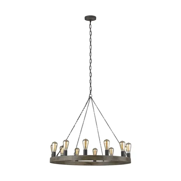 The Avenir 12-light chandelier masterfully blends industrial minimalism with Old World charm through its distinctive two-tone finish. Weathered oak wood paired with antique forged iron creates visual depth while the generous 36-inch diameter makes a bold statement in larger spaces.