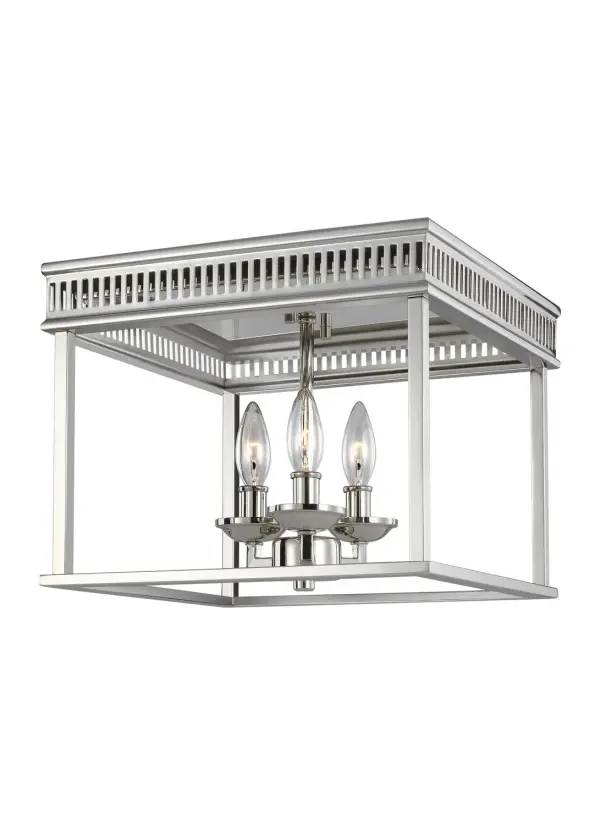 The Woodruff flush mount reimagines traditional lantern styling with an open, airy frame and floating candle tubes. Its polished nickel finish and compact 13-inch profile make it ideal for low ceilings and smaller spaces.