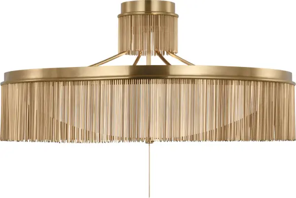 The Sutton 32" flush mount delivers impressive scale and sophisticated presence with its antique-burnished brass finish and white glass diffuser. Perfect for spaces requiring substantial lighting without pendant drop.